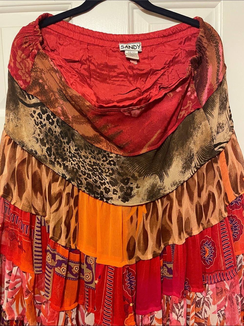 Vintage 1990s SANDY Boho Tiered Maxi Skirt in Red, Orange & Brown